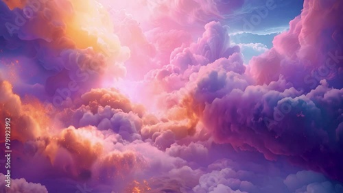 Ethereal background of formations of pink clouds and twinkling stars with copy space, colored sugar cotton fluffy clouds. Magic amazing colorful landscape in the sky. Fantasy unicorn colors moving 4k photo
