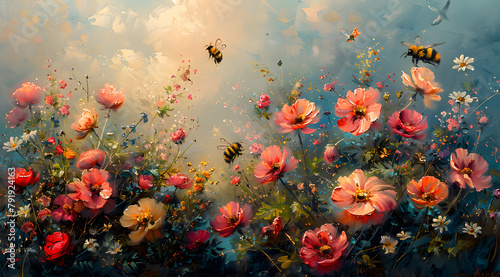 Tranquil Garden Symphony: Serene Oil Painting of Pastel Flowers and Garden Creatures © Thien Vu