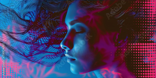 Portrait of a young woman with closed eyes, with blue and pink neon lights on her face and hair, conveying a sense of calm and serenity, digital art, pop art, blue, pink.