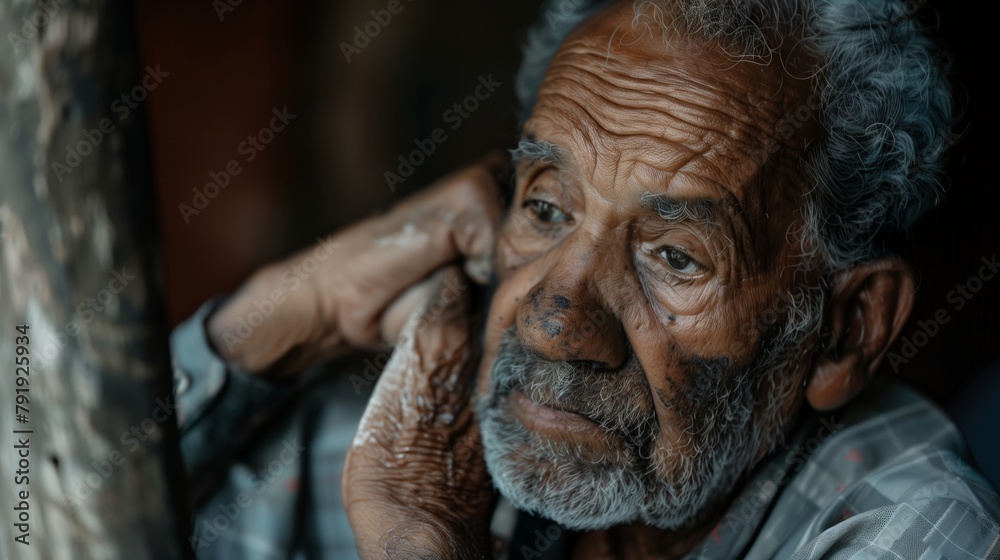A dark-skinned, gray-haired elderly man with a sad look looks forward leaning against a tree