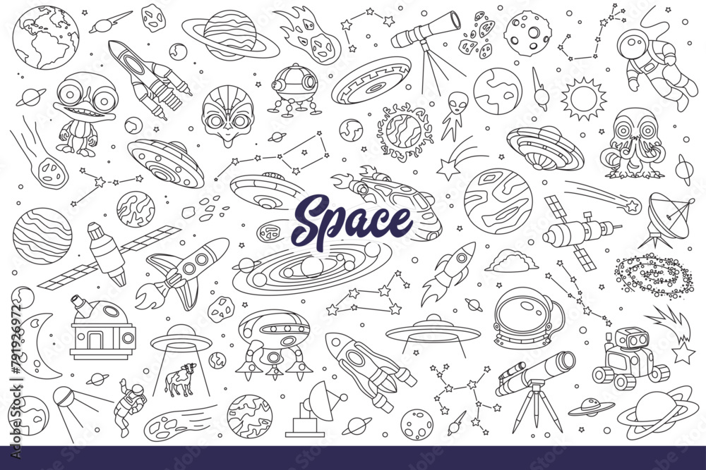 Space crafts and rockets roaming galaxy in search of aliens from different planets. Spaceships explore space and universe with stars, traveling in orbit on exploration mission. Hand drawn doodle