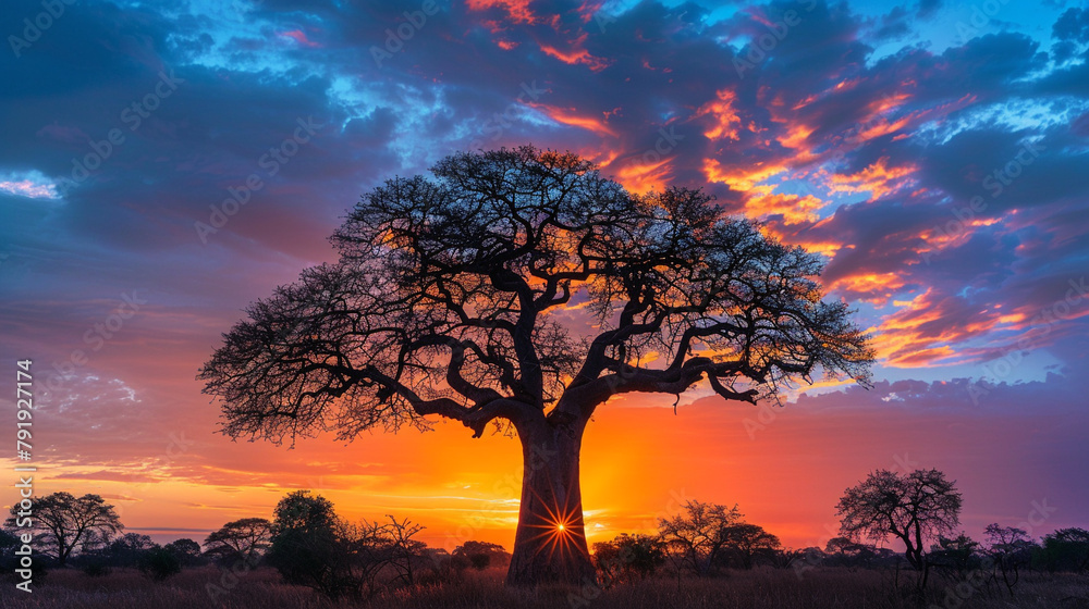 African Milk Tree against a vibrant sunset sky, with its tall trunk and branching arms reaching upward in a display of natural beauty and resilience, adding a touch of drama to the landscape.