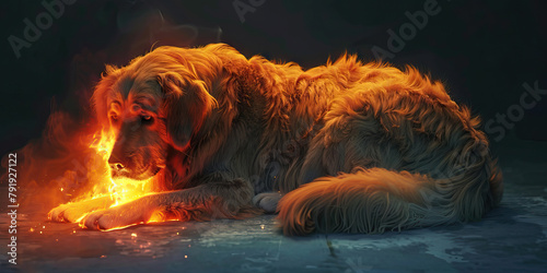 Canine Pancreatitis: The Vomiting and Abdominal Pain - Visualize a dog with highlighted pancreas showing inflammation, experiencing vomiting and abdominal pain, illustrating the symptoms of canine photo