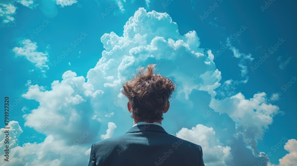 Contemplating the Infinite: Businessman Gazes at Lone Cloud in the Blue Sky Contemplating the Infinite: Businessman Gazes at Lone Cloud in the Blue Sky