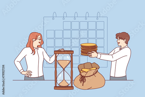 Payroll schedule near business people with money standing near calendar and hourglass. Office employees use salary schedule to ensure timely payments and increase financial stability of corporation