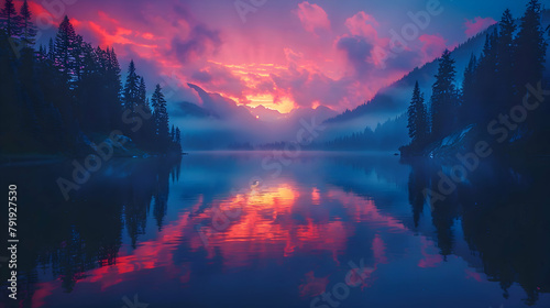 A secluded mountain lake at sunrise, using long exposure to capture the smoothness of the water and the vibrant colors of the sky photo