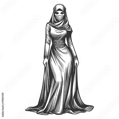 woman in traditional burqa niqab attire, reflecting cultural clothing styles sketch engraving generative ai fictional character vector illustration. Scratch board imitation. Black and white image.
