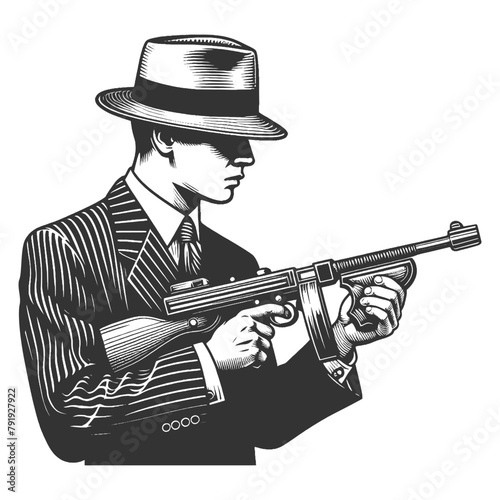 1920s gangster in pinstripe suit, wielding Tommy gun exuding classic mobster vibe sketch engraving generative ai fictional character vector illustration. Scratch board imitation. Black and white image