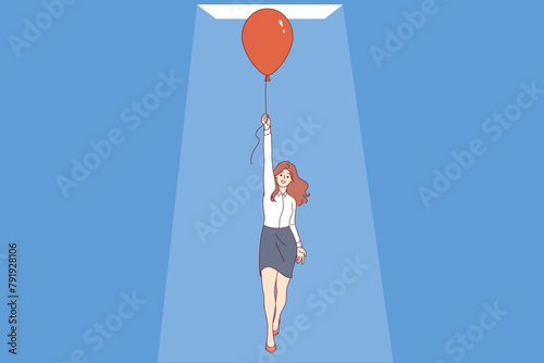 Woman achieves success in business and flies up in balloon thanks to professional actions. Ambitious businesswoman achieves progress on career ladder with help emotional intelligence and soft skills