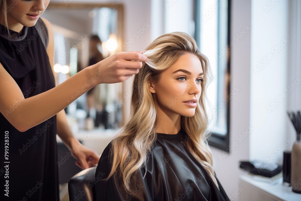Fototapeta premium Fashionable lady with curly hair getting a haircut and dye from a talented hairdresser.