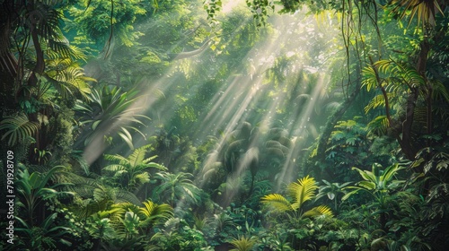 Enchanted Forest Sunbeam - Lush Greenery and Magical Light Rays