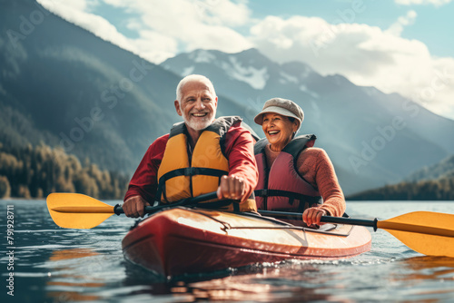 With life jackets securely fastened, a senior husband and wife paddle their kayak in perfect harmony, savoring the serenity of the lake.