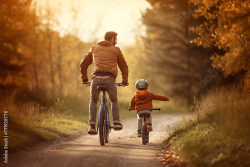 joy of family time, with the father teaching his son the basics of cycling while ensuring safety with helmets.