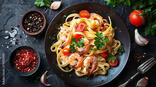 Fettuccine pasta with shrimp, tomatoes and herbs, Top view, hyperrealistic food photography