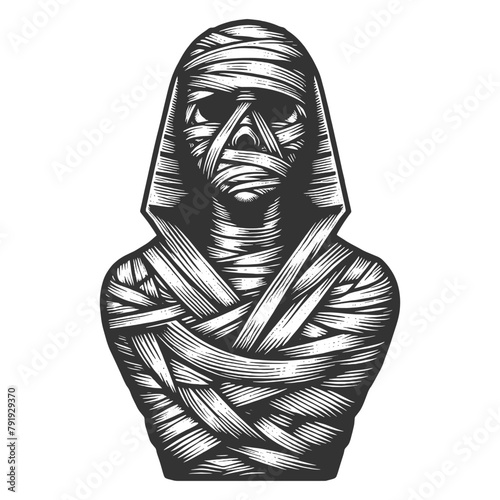 Ancient Egyptian mummy sketch engraving generative ai fictional character vector illustration. Scratch board imitation. Black and white image.