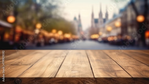 The empty wooden table top with blur background of European street. Exuberant image. generative AI