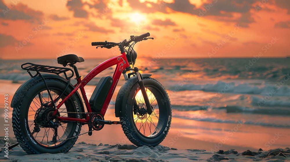 Fototapeta premium red modern mid drive motor city touring or trekking e bike pedelec with electric engine middle mount battery powered ebike at beach