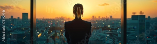 A businesswoman in a high-rise office, gazing across the city in professional attire during the early morning hours