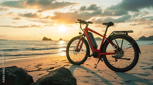 red modern mid drive motor city touring or trekking e bike pedelec with electric engine middle mount battery powered ebike at beach