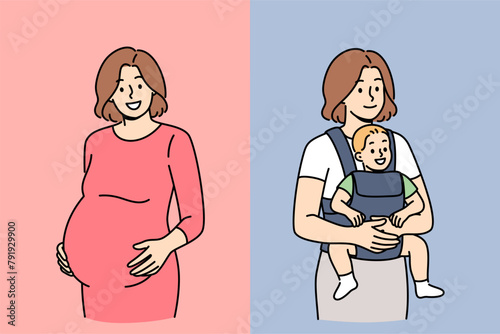 Pregnant woman before and after childbirth, puts hands on stomach or holds newborn baby in arms. Happy girl experiences happiness after childbirth and positive emotions from motherhood