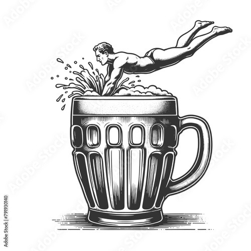 man diving into an overflowing mug of beer, merging classic art with humor sketch engraving generative ai fictional character vector illustration. Scratch board imitation. Black and white image.