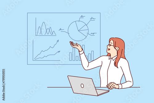 Woman business consultant demonstrates financial graphs proving profitability of investments. Girl marketer analyzed business through laptop and shows results of study of commercial indicators