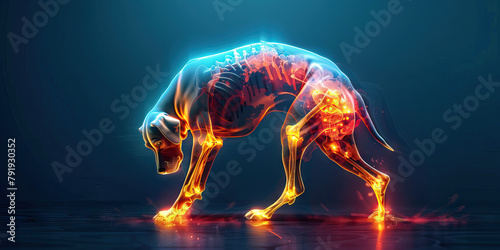 Canine Cruciate Ligament Injury: The Knee Pain and Limping - Visualize a dog with highlighted knee showing ligament tear, experiencing knee pain and limping, illustrating the symptoms of cruciate liga photo
