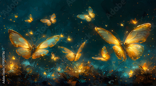 Enchanted Nocturne: Serene Oil Painting of Fireflies and Glowing Butterflies photo
