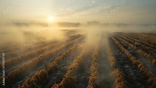 Desolate rice fields with swirling dust under scorching sun. Concept Desolate Landscapes, Swirling Dust, Scorching Sun, Rice Fields, Remote Terrain photo