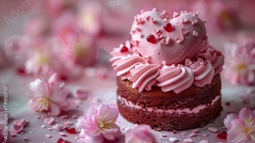 Delicious cake in the form of heart with pink icing and cherry blossoms