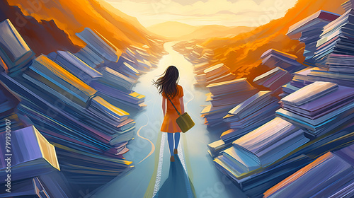 Watercolor illustration of girl with long hair walking along wavy road made of many books. photo