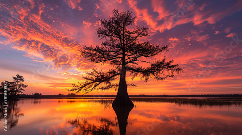 majestic silhouette of a Bald Cypress tree against a vibrant sunset sky, its feathery foliage and towering trunk