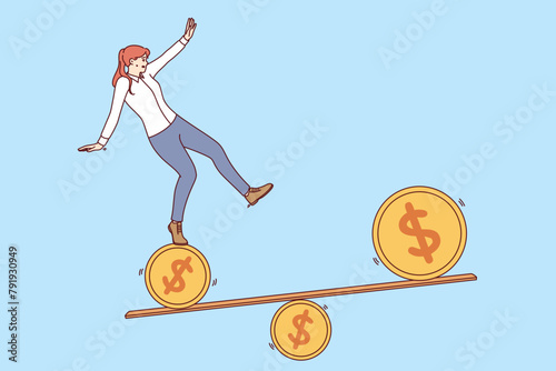 Lack of financial stability causes trouble for business woman who is forced to balance on swing made of coins. Concept of financial performance fluctuations and stock market volatility