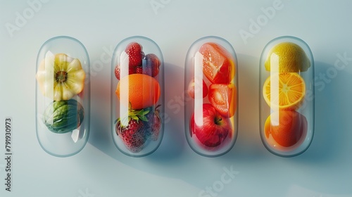 Four clear capsules are arranged in a row. Each capsule contains a different type of produce: purple grapes, green grapes, orange slices, and blueberries with broccoli florets.

