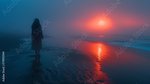 A woman reflects in solitude on a quiet beach at dawn, bathed in soft morning light