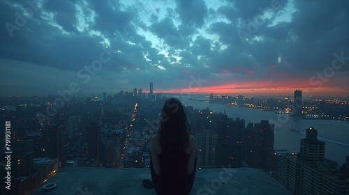 A woman in solitude on a city rooftop at dusk, with the skyline in the background, lost in contemplation photo