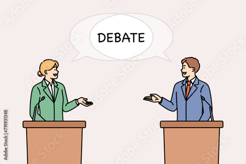 Debate between two politicians standing behind podium and arguing about way to solve state problems. Man and woman participate in debate, talking about political programs of their party.