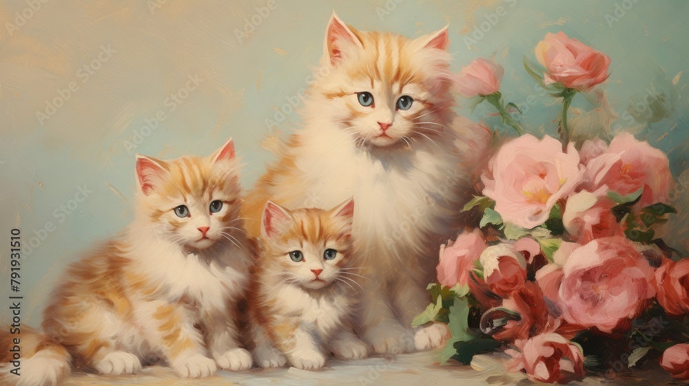 A Heartwarming Oil Painting of a Mother Cat with Her Adorable Litter of Kittens Generative AI