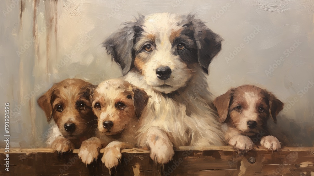 Heartwarming Oil Painting of Cuddly Canine Mother with Adorable Puppies Generative AI
