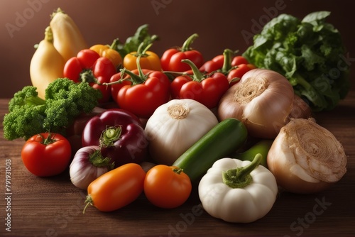  still life vegetables isolated brown background vegetable food nourishment diet vegetarian agriculture grocery artichoke peper onion cabbage lettuce tomatoes courgette radish aubergine carrot 
