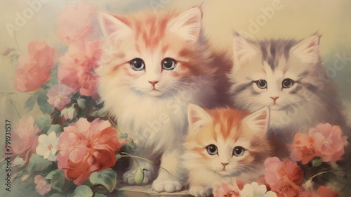 Adorable Cat Family Portrait - Vintage Oil Painting Illustration Generative AI