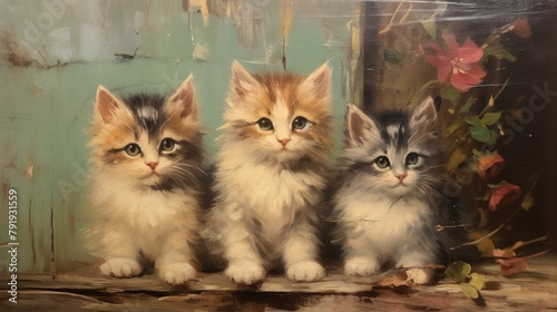 Vintage Oil Painting of Adorable Cat Family Generative AI