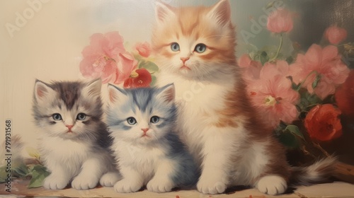 Vintage Oil Painting of Adorable Feline Family Generative AI