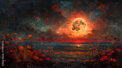 Mystical Moonlit Garden  Oil Painting of Reddish Sky and Luminous Flora