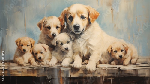 Vintage Oil Painting of Adorable Canine Family Generative AI