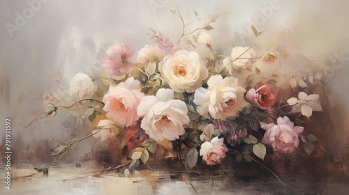 Muted Tones Vintage Oil Painting of Floral Bouquet Generative AI