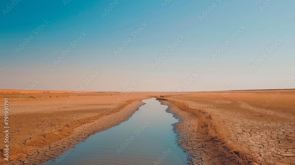 Climate Change Urgency: Dried Riverbed Under Clear Sky Signifying Water Scarcity Climate Change Urgency: Dried Riverbed Under Clear Sky Signifying Water Scarcity