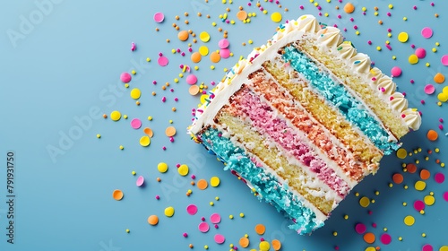 Sliced confetti birthday cake with rainbow colored icing and sprinkles over a blue background photo