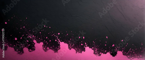 A contemporary art piece with pink paint splatters against a dark, textured background that feels spontaneous