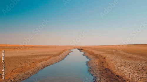 Climate Change Urgency  Dried Riverbed Under Clear Sky Signifying Water Scarcity